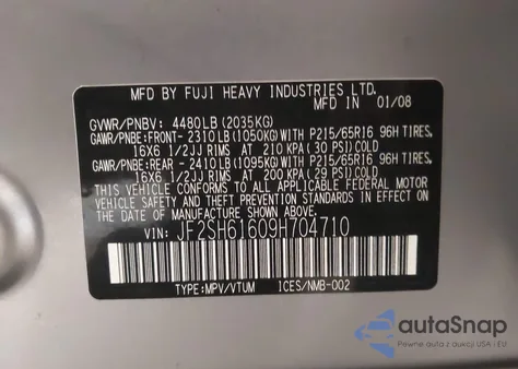 2009 Subaru Forester 2.5X from USA, damaged, VIN JF2SH61609H704710